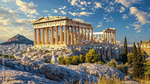 Majestic Parthenon Under Golden Sunset Sky Over Athens Landscape