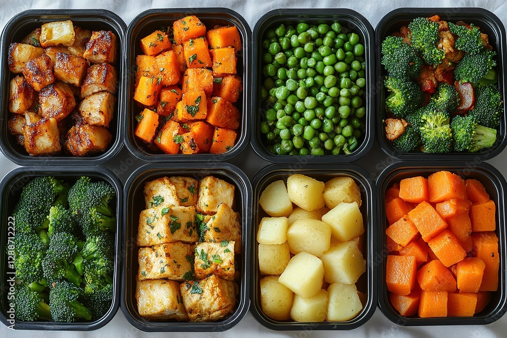 Meal prep containers with an assortment of vegetables and healthy sides for an easy grab and go option for healthy eating throughout the week Meal prep containers with an assortment of vegetables and healthy sides for an easy grab and go option for healthy eating throughout the week