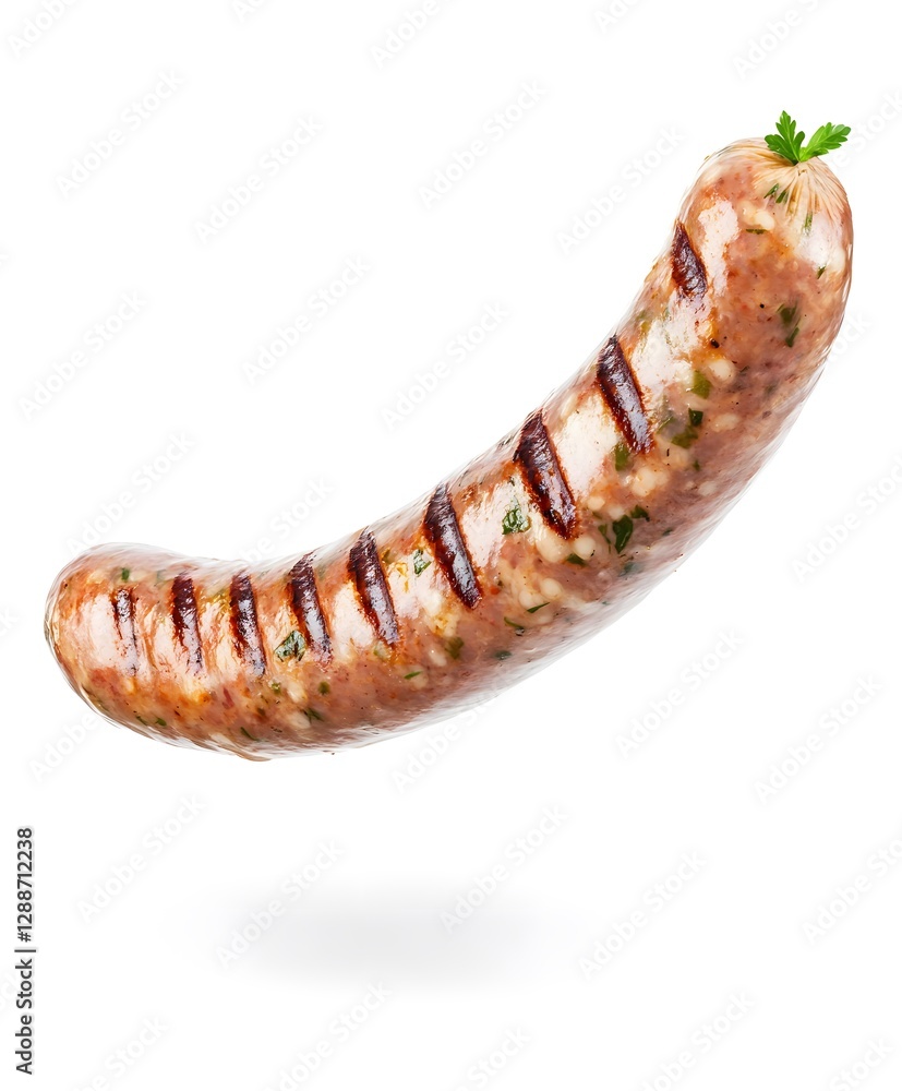 A grilled sausage displays fresh parsley and perfect grill marks A grilled sausage displays fresh parsley and perfect grill marks