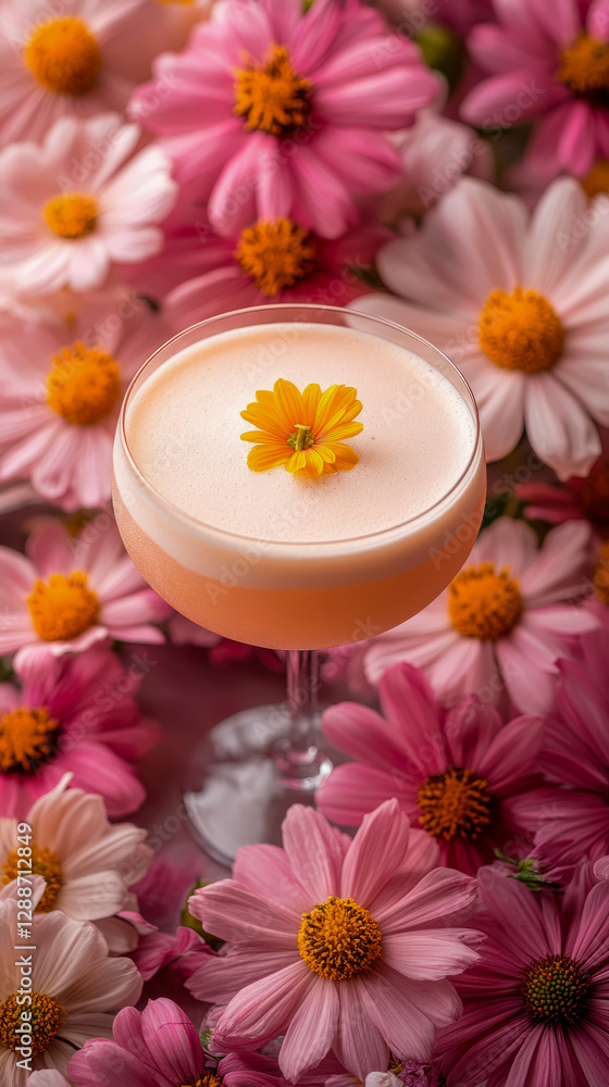 Floral beverage concept: Creamy cocktail adorned with a blossom, amidst a profusion of pink and white summer flowers. Floral beverage concept: Creamy cocktail adorned with a blossom, amidst a profusion of pink and white summer flowers.