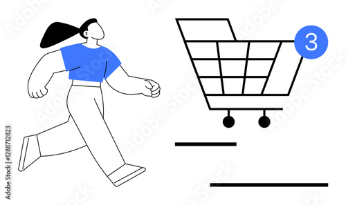 Woman running towards shopping cart with three items symbolizing online shopping. Ideal for e-commerce, retail, marketing, delivery services, digital advertising, consumer behavior, shopping apps