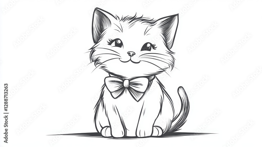 Obraz premium Playful baby cat in bowtie cozy living room line art illustration warm environment close-up view adorable concept