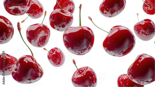 A vibrant collection of glossy red cherries scattered against a dark background, highlighting their freshness