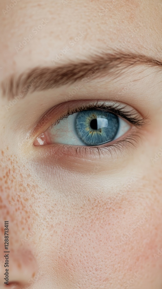 Obraz premium Macro photography of a blue eye showcasing the intricate details of the iris, pupil, surrounding skin, and eyebrow, highlighting natural beauty and vision health