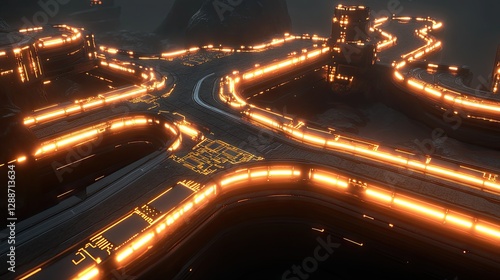 Futuristic Neon Highway Network Winding Through a Dark Mountainous Landscape at Night