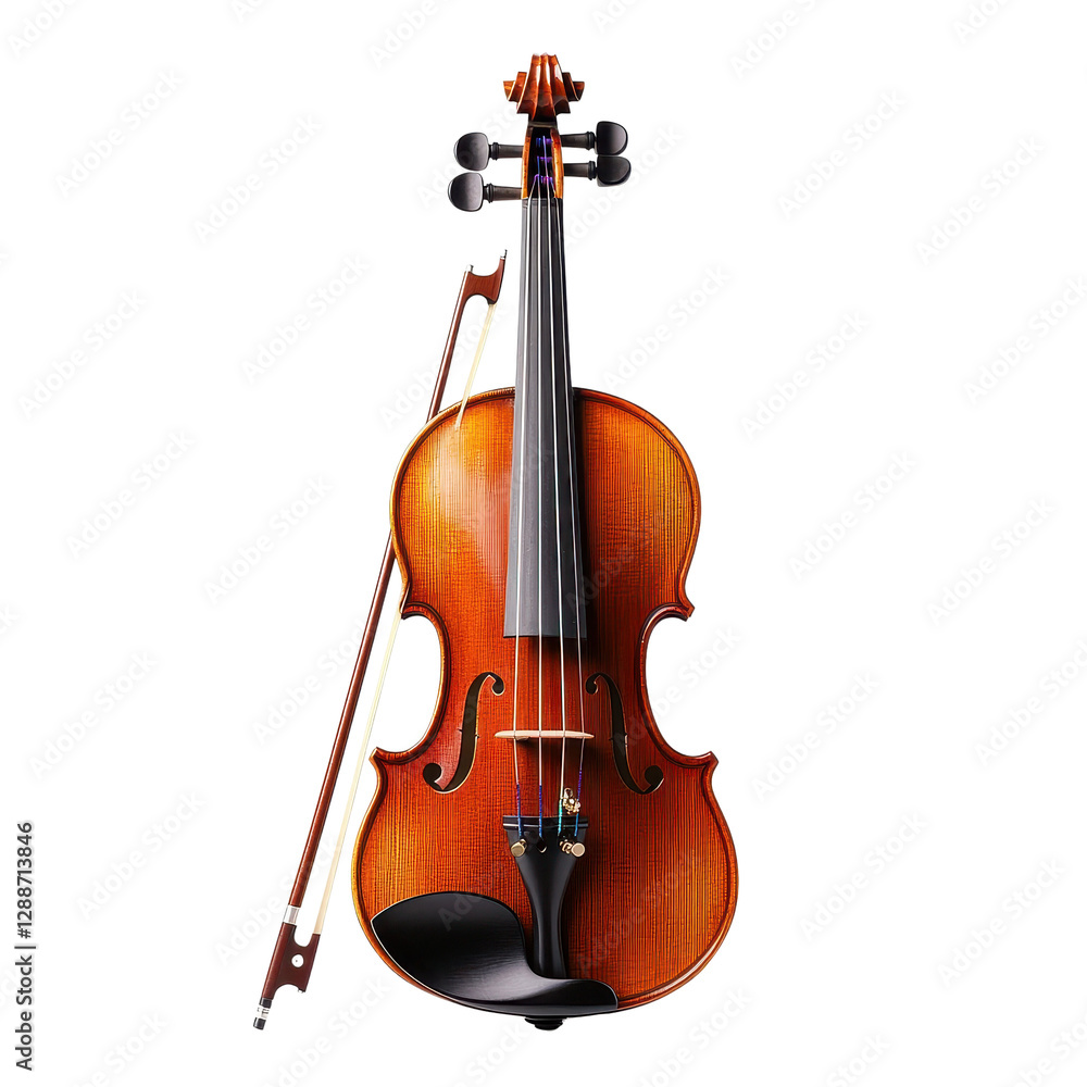 Fototapeta premium Classic violin on a white background, beautifully crafted wooden body, perfect for music-related themes and presentations. Isolated on white background or PNG