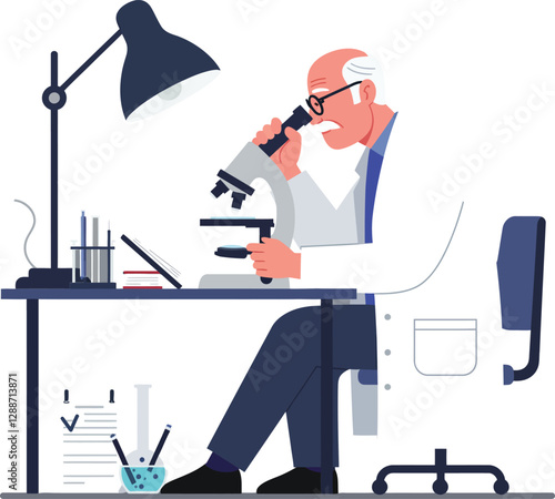 Scientist examining samples with microscope in minimal flat design vector art