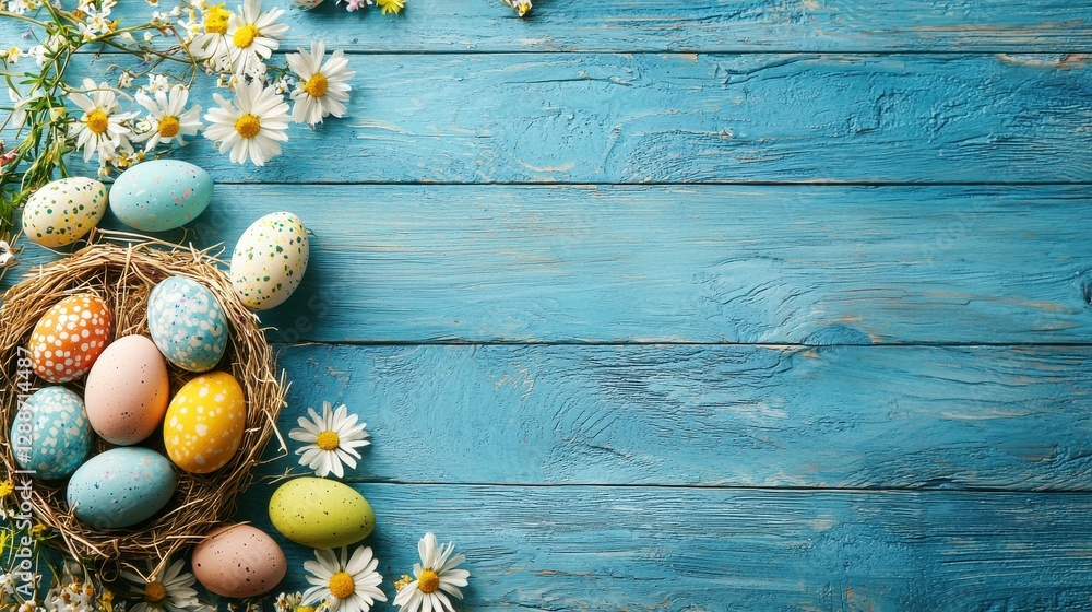 Colorful Easter Eggs Nestled in a Basket on Blue Wooden Background Colorful Easter Eggs Nestled in a Basket on Blue Wooden Background