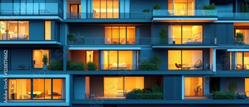 Residential areas illuminated during peak energy consumption, showcasing vibrant windows and modern living spaces