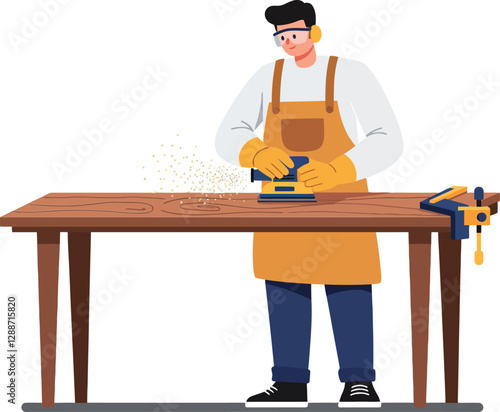Carpenter using electric sander in minimal flat design vector art