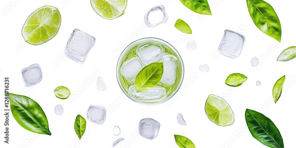 Refreshing cocktail with ice and lime surrounded by vibrant green leaves on a dark background Refreshing cocktail with ice and lime surrounded by vibrant green leaves on a dark background