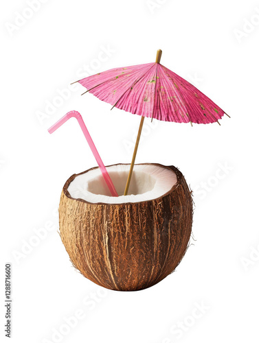 Wallpaper Mural Refreshing coconut drink with a pink umbrella and straw, set against a clean background Torontodigital.ca