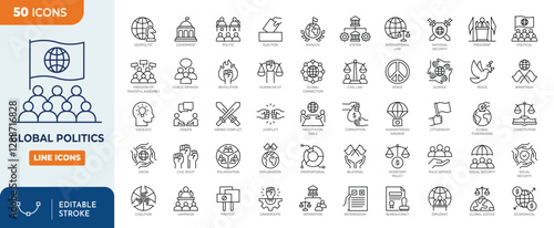 Global Politics line editable icon set. Containing geopolitics, election, political poll, public opinion, political debate, diplomacy, and more. Vector illustration