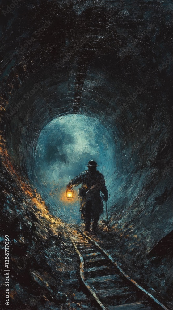Lone figure walks tunnel tracks, lantern light. Lone figure walks tunnel tracks, lantern light.