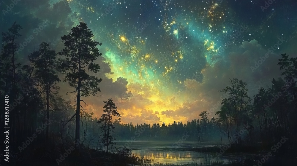 Naklejka premium Serene Forest Path with Lush Greenery and Sunlit Foliage