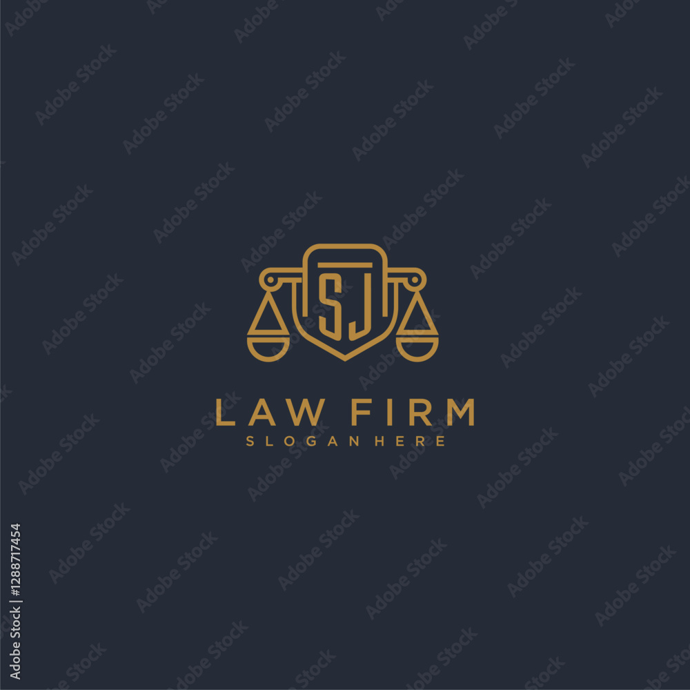 SJ letter monogram for lawfirm logo with scale and shield vector SJ letter monogram for lawfirm logo with scale and shield vector