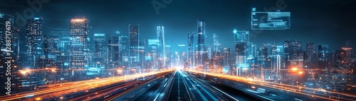 Digital artwork of a modern city skyline, central straight black road with embedded business timeline graphics, futuristic HUD elements, aerial perspective, ultraHD, cinematic glow