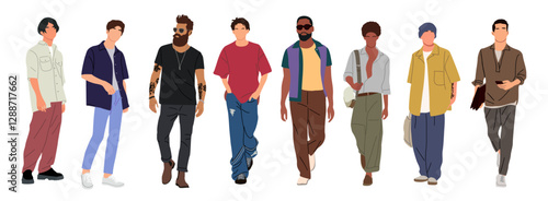 Street fashion men vector illustration. Different men wearing trendy modern street style summer outfit standing and walking. Cartoon style vector realistic illustration isolated
