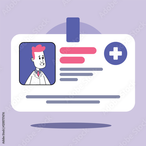 Health professional identification card with cartoon character. Identification and verification in medicine concept