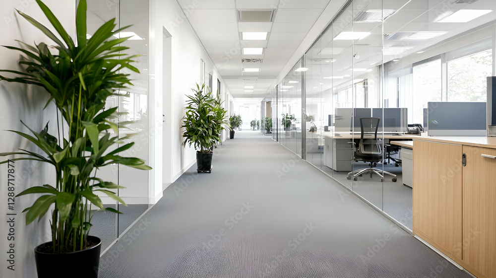 Fototapeta premium Modern Office Corridor with Glass Partitions and Greenery