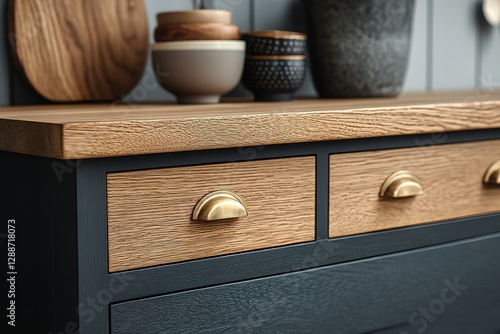 Close-up of stylish wooden drawers with brass handles topped with a wooden surface holding decorative bowls and a cutting board
