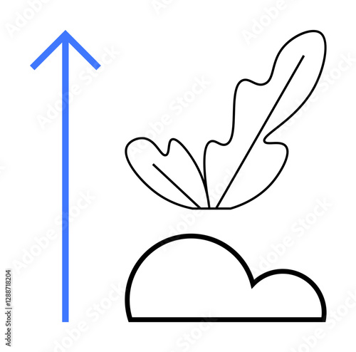 Blue upward arrow next to black outlined feathers atop a cloud, representing growth, elevation, lightness, aspiration. Ideal for inspiration, creativity, freedom, motivation innovation career