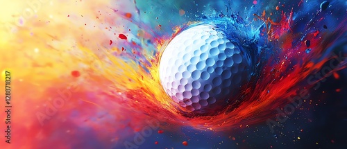 Dynamic sportsthemed digital illustration of a golf ball with colorful paint splats radiating outward, motiondriven composition, vivid colors, modern abstract feel, 8K UHD photo