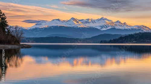 A serene lake surrounded by snow-capped mountains at sunrise.