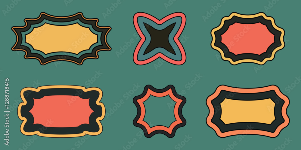 high-quality vector set features six abstract wavy label frames with a retro, vintage-inspired design. Each frame showcases layered, colorful borders in shades of orange, green, yellow, and black.