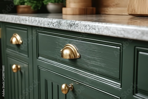 Close up of a green painted wooden cabinet with brass hardware and granite countertop showcasing kitchen cabinetry details