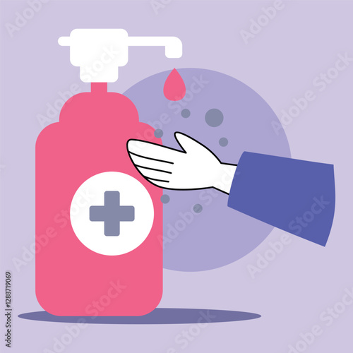 Hand sanitized using bottle with pump dispenser. Cleanliness and infection prevention, importance of hand hygiene concept
