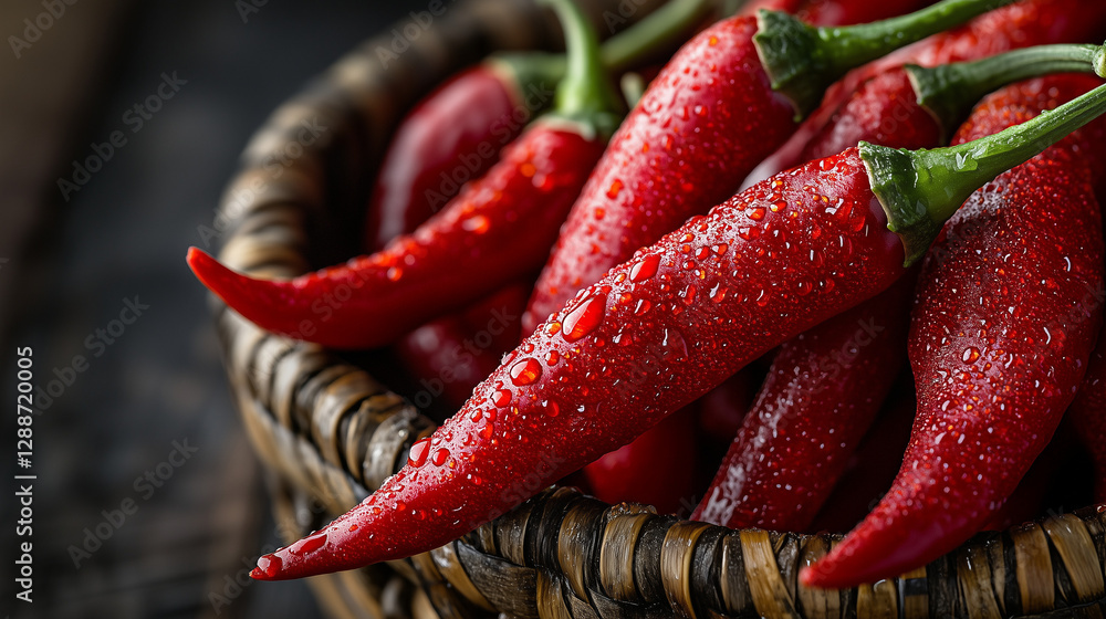 Mexican Red Chili Peppers – Macro Close-Up with Morning Dew on Rustic Woven Basket for Spicy Culinary Designs and Food Photography Mexican Red Chili Peppers – Macro Close-Up with Morning Dew on Rustic Woven Basket for Spicy Culinary Designs and Food Photography