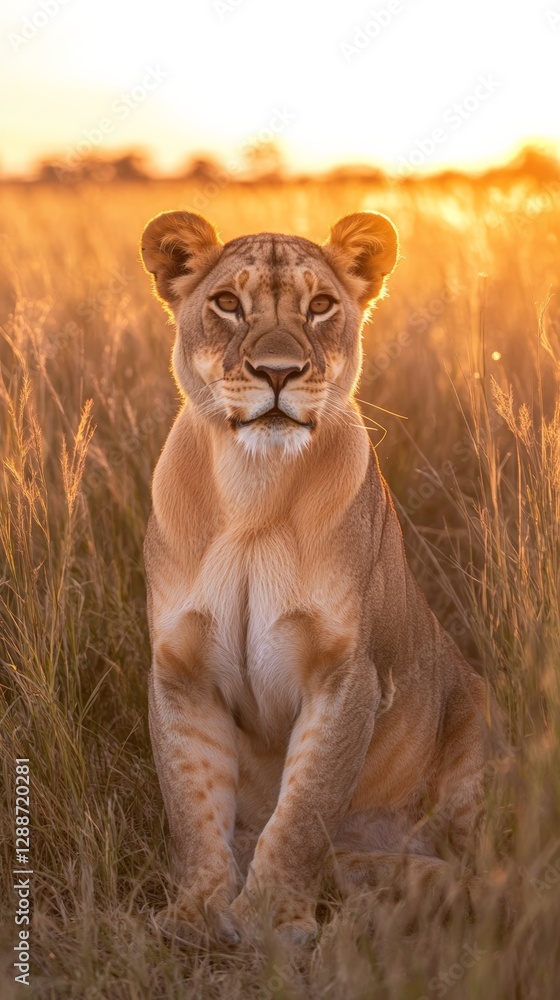 Majestic lioness sits gracefully in tall grass, bathed in the warm glow of the setting sun, creating a captivating scene of wildlife in its natural habitat Majestic lioness sits gracefully in tall grass, bathed in the warm glow of the setting sun, creating a captivating scene of wildlife in its natural habitat