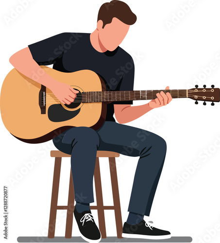 Man playing acoustic guitar sitting on a stool in minimal vector illustration