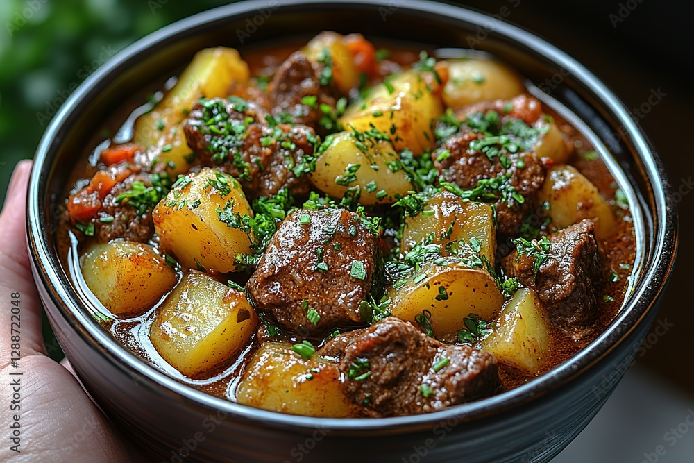 Hearty beef stew with potatoes sprinkled with fresh herbs served in a dark ceramic bowl and hand held Comfort food at its finest Hearty beef stew with potatoes sprinkled with fresh herbs served in a dark ceramic bowl and hand held Comfort food at its finest