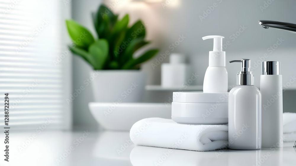 A clean and serene bathroom setup featuring skincare products, towels, and a touch of greenery for a refreshing atmosphere. A clean and serene bathroom setup featuring skincare products, towels, and a touch of greenery for a refreshing atmosphere.