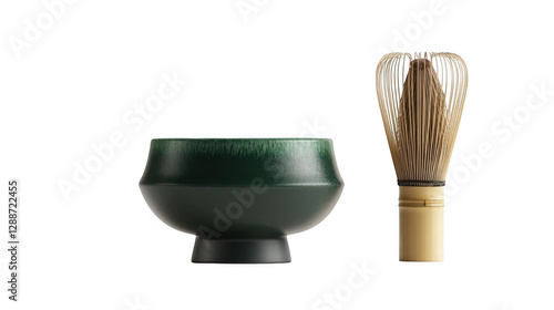 Elegant green tea bowl and whisk set arranged on a clean surface with soft lighting