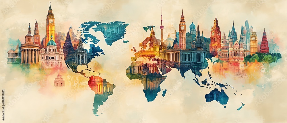 Fototapeta premium Vibrant world map illustration made of architectural landmarks and colorful buildings from various cultures, representing unity, cultural diversity, highresolution, 8K UHD