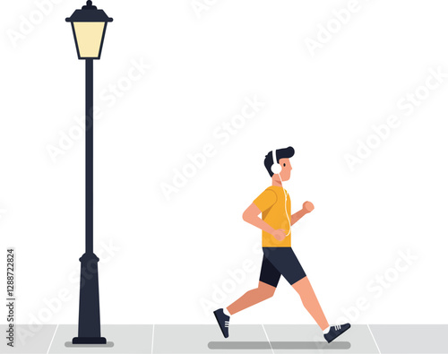 Runner in yellow shirt jogging past vintage street lamp in minimal vector art