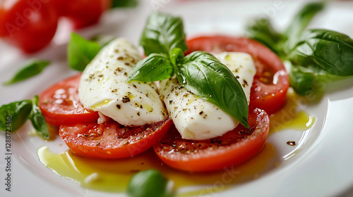 A fresh Caprese salad on a white plate with whole mo