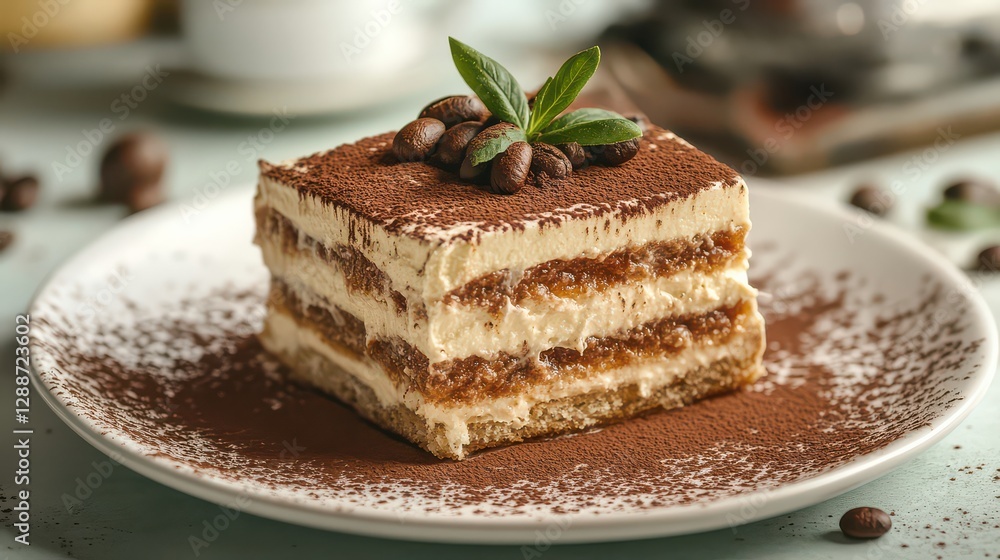 A delicious slice of Italian tiramisu, with layers of creamy mascarpone and espresso-soaked ladyfingers, garnished with cocoa powder. A delicious slice of Italian tiramisu, with layers of creamy mascarpone and espresso-soaked ladyfingers, garnished with cocoa powder.