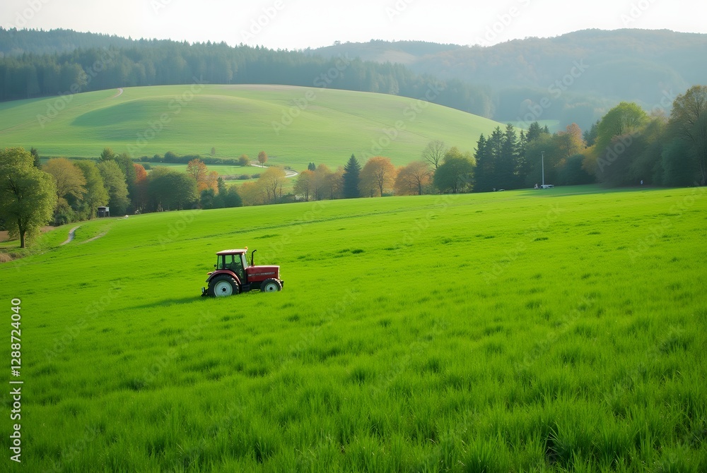 Tractor Working in Lush Green Field with Rolling Hills in Countryside Landscape Tractor Working in Lush Green Field with Rolling Hills in Countryside Landscape