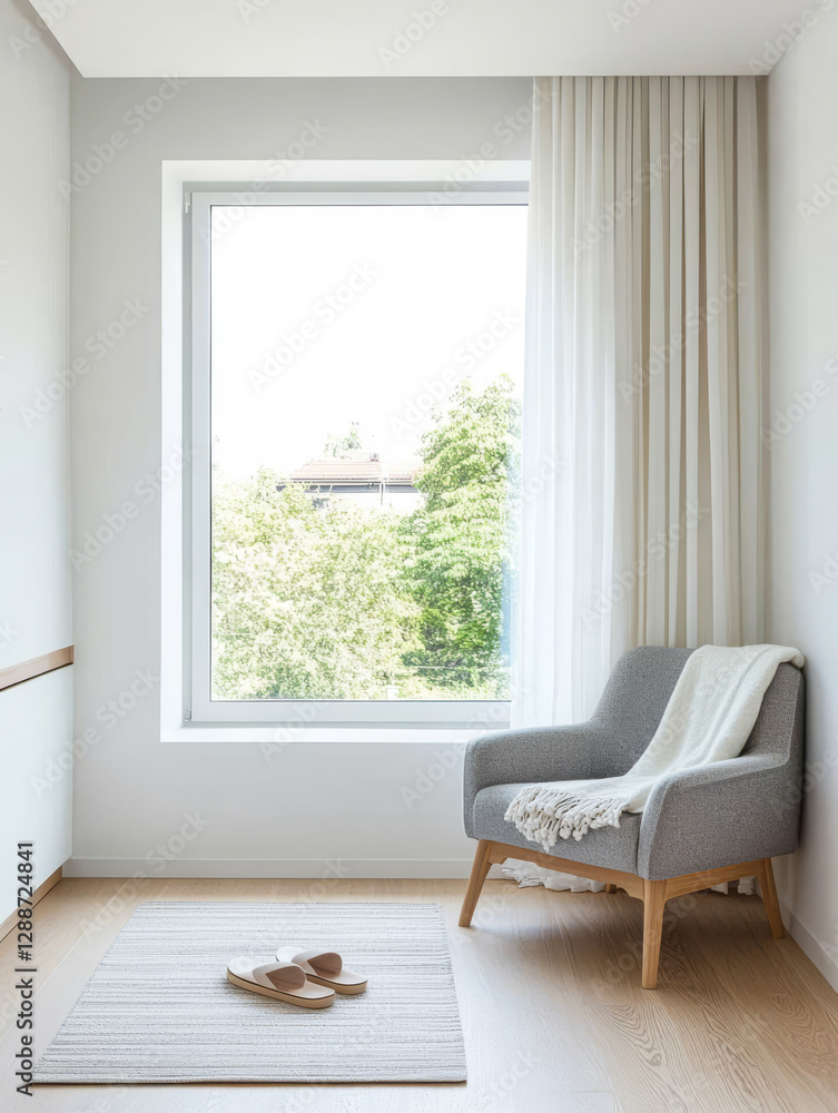 Fototapeta premium Cozy corner with minimalist decor and natural light in a modern living space