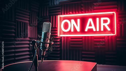 Professional Recording Studio with Microphone and ON AIR Neon Sign