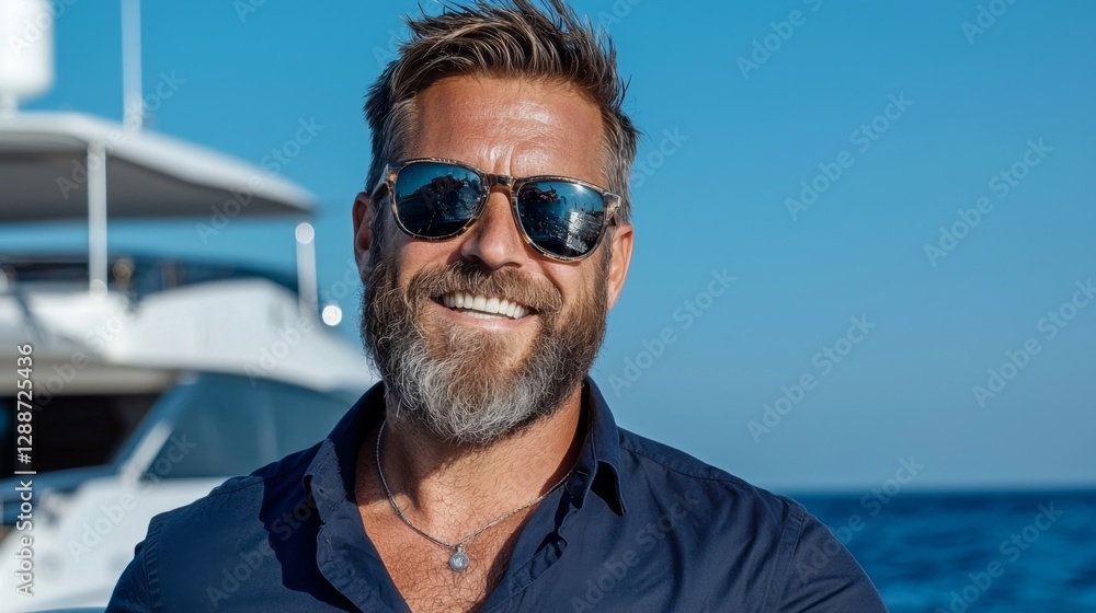 Smiling man with sunglasses enjoying a sunny day on a yacht in the ocean Smiling man with sunglasses enjoying a sunny day on a yacht in the ocean