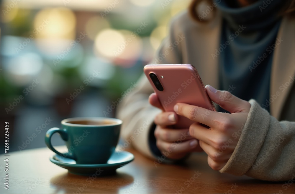 A Person Using Smartphone at Outdoor Cafe Table with Coffee A Person Using Smartphone at Outdoor Cafe Table with Coffee