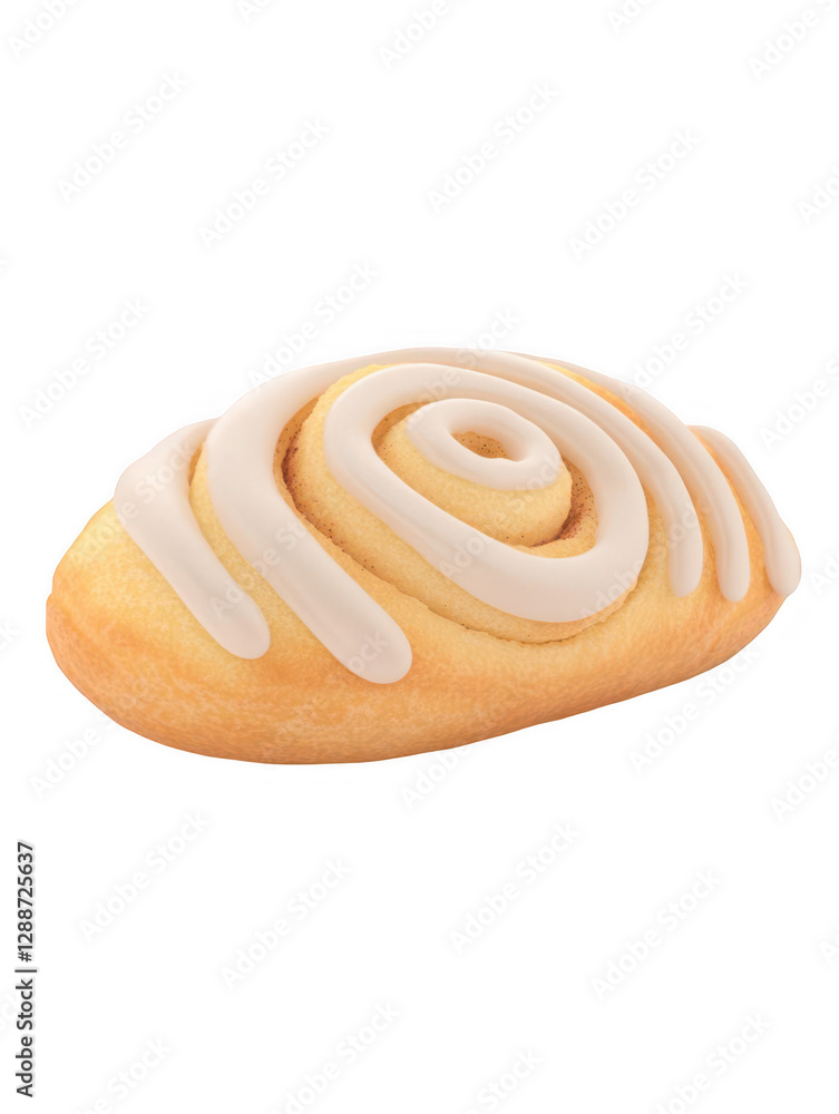 Fototapeta premium Freshly baked cinnamon roll with creamy icing, placed on a clean surface, showcasing its texture