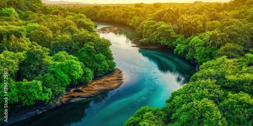 A peaceful river meandering through a dense mangrove forest, surrounded by lush greenery and calm waters