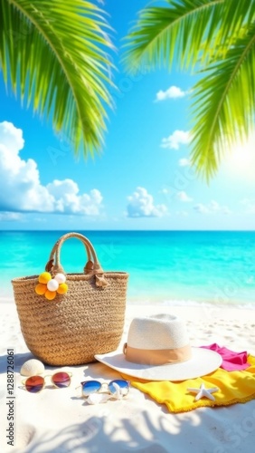 straw beach bag, white sun hat, two pairs of sunglasses, and colorful towel on white under palm leaves, turquoise ocean and blue sky with clouds in background, summer vacation, travel, and relaxation