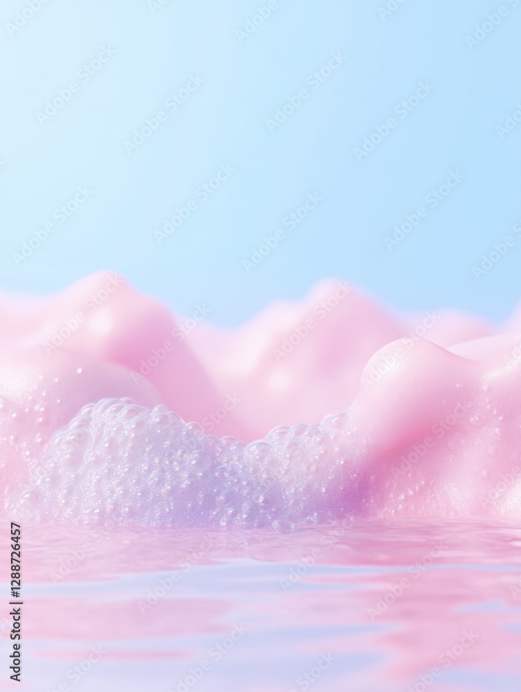 Soft pink foam with iridescent bubbles against a light blue sky. Dreamy, smooth surface Soft pink foam with iridescent bubbles against a light blue sky. Dreamy, smooth surface